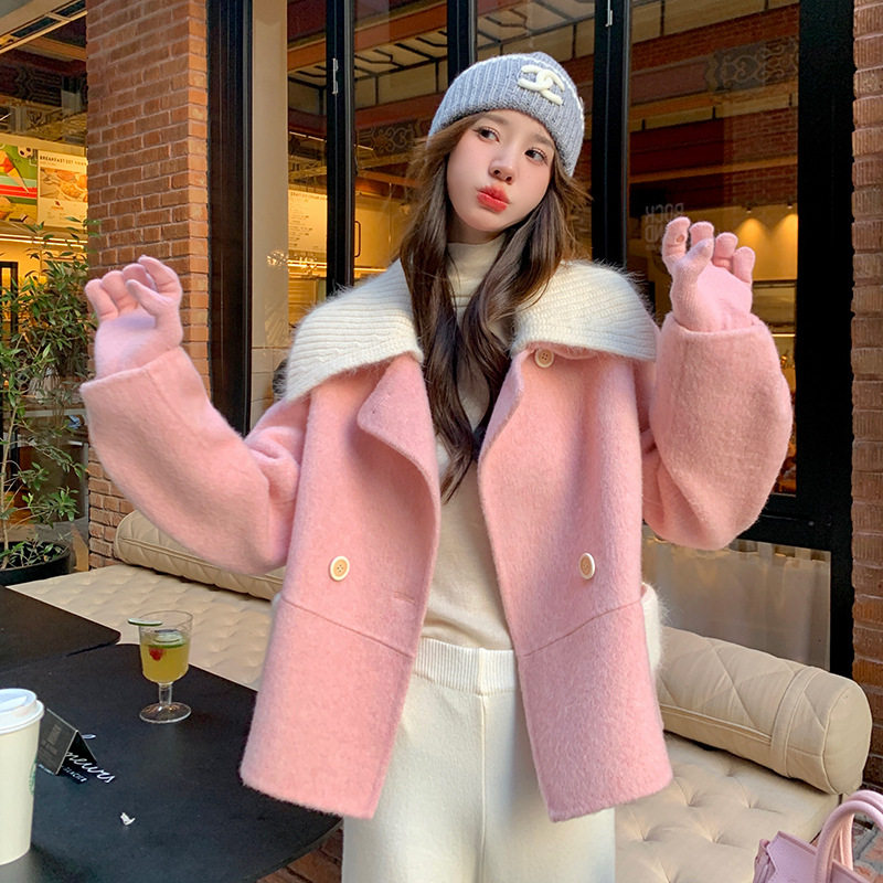 罗芬 故事面料女装官方实拍2025粉色娃娃领小香风短款双面羊绒大,女装/女士精品,毛呢外套,淘宝优惠券,粉丝福利购,淘宝优惠卷