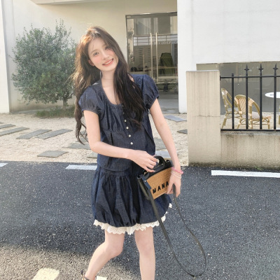 罗芬 故事面料女装官方实拍今年流行小个子花边套装裙女2025夏季