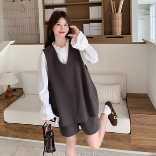 罗芬 故事面料女装官方实拍复古休闲风叠穿背心套装2026新款咖色