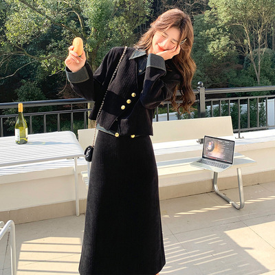 罗芬 故事面料女装官方实拍法式复古牛仔拼接灯芯绒套装女春秋新