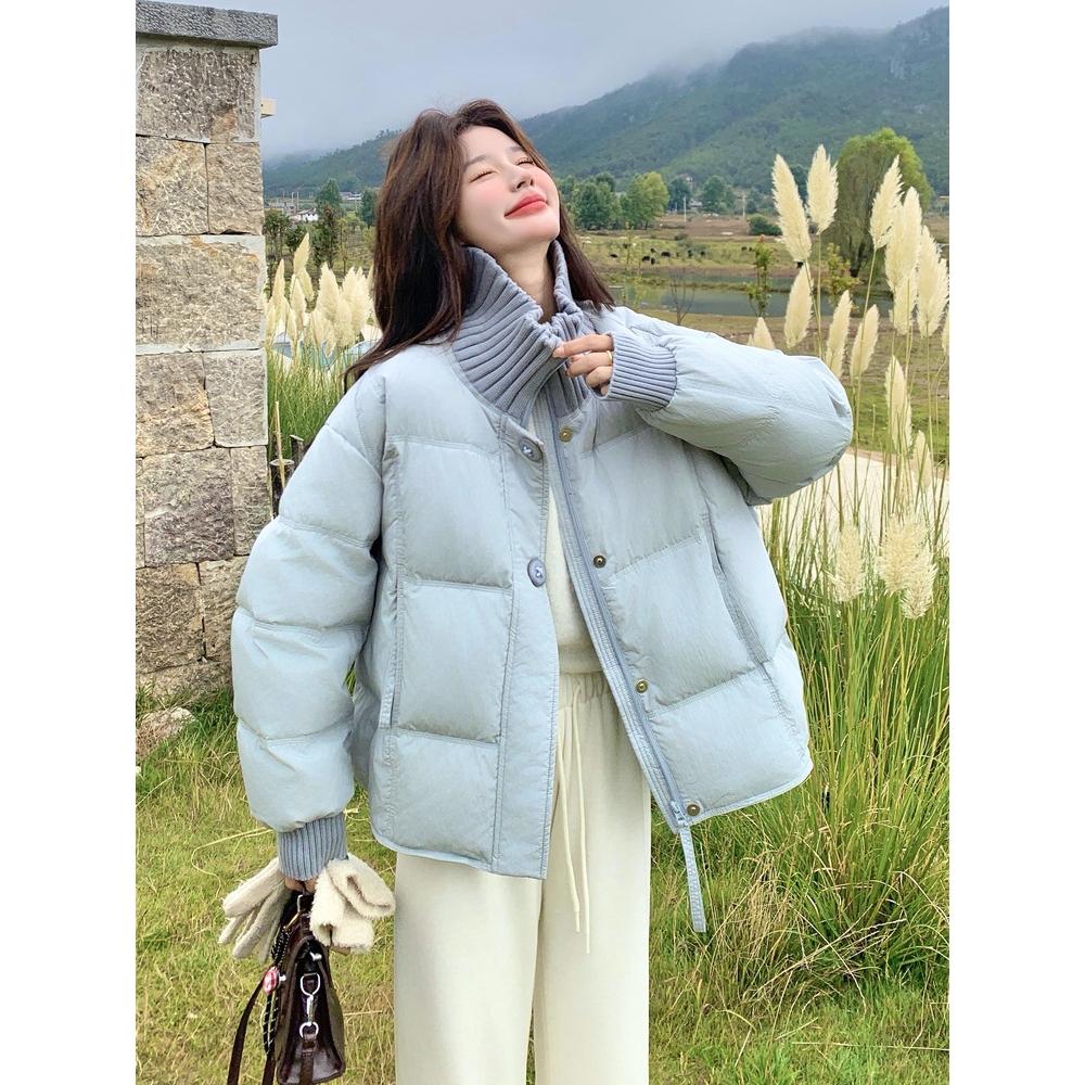 罗芬 故事面料女装官方休闲风短款羽绒服女2025新冬针织罗纹拼接