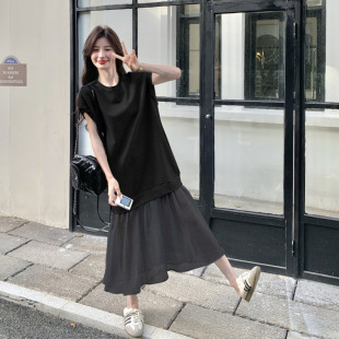 时 罗芬 故事面料女装 官方实拍黑色网纱拼接连衣裙女夏季 2025新款