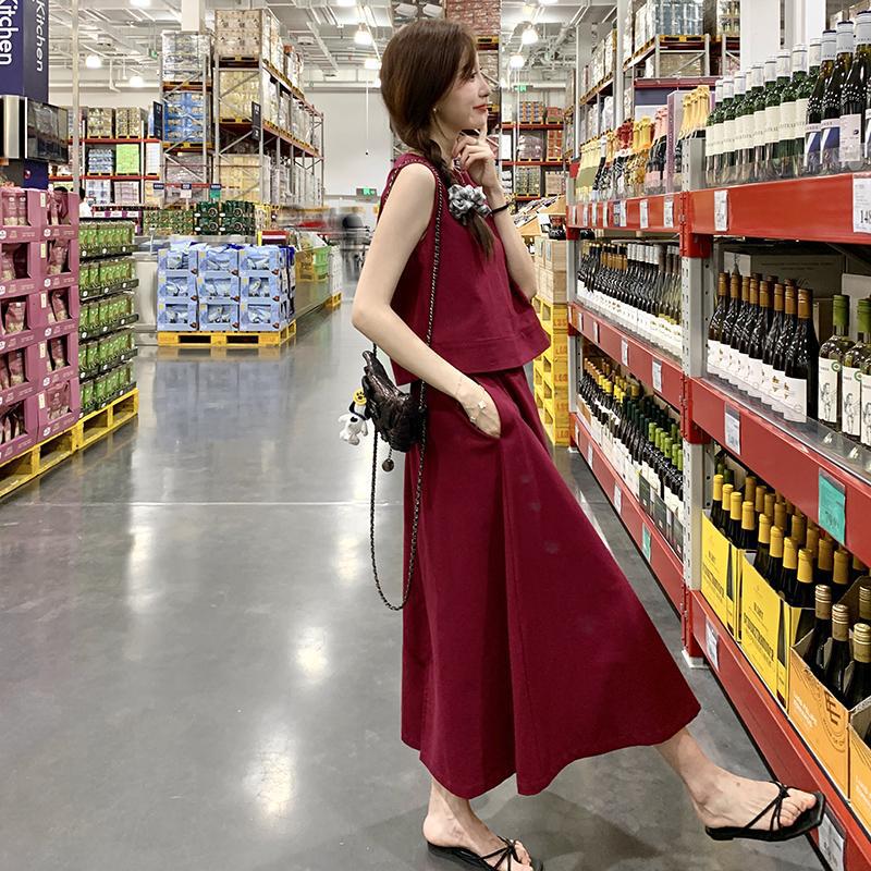 罗芬 故事面料女装官方实拍酒红色韩系休闲无袖T恤半身裙套装女夏
