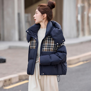 罗芬 故事面料女装官方巨好看藏青色羽绒服女冬2025新款时尚格纹