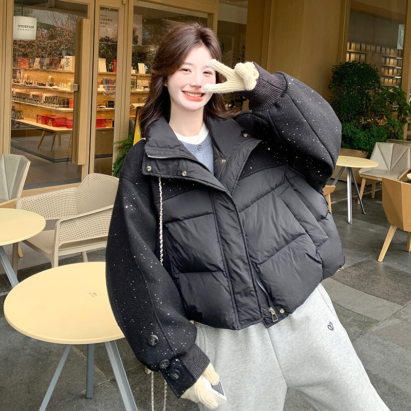 罗芬 故事面料女装官方实拍爆款黑色拼接羽绒服女2025冬新款设计