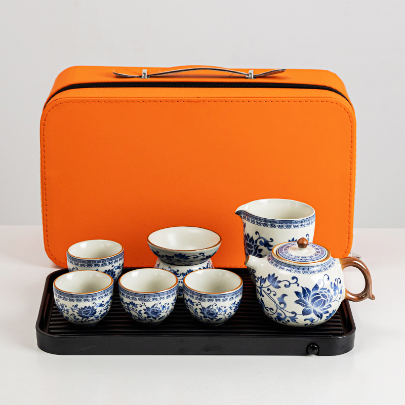 高档米黄汝窑青花缠枝莲轻奢旅行茶具功夫茶具茶壶品茗泡茶套装