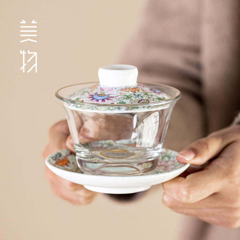 瓘玉水晶玻璃珐琅彩盖碗茶杯茶具套装悬停三才盖碗泡茶碗礼盒装