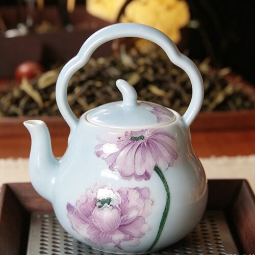 手绘荷花提梁家用中式功夫泡茶壶