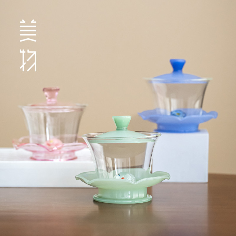 瓘玉水晶玻璃盖碗繁花盖碗茶杯茶具套装悬停三才盖碗泡茶碗礼盒装