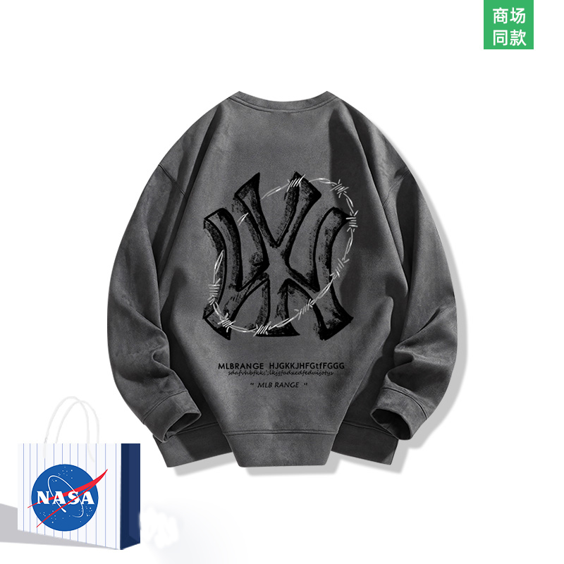 NASA联名纯棉重磅圆领加绒卫衣男春秋季新款美式情侣打底休闲上衣