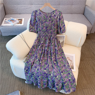 气质松紧高腰泡泡袖 夏季 胖mm宽松显瘦遮肉法式 女装 连衣裙 雪纺大码