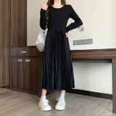 秋冬季 胖mm宽松显瘦遮肉收腰加绒百褶大摆裙打底裙 女装 新款 大码