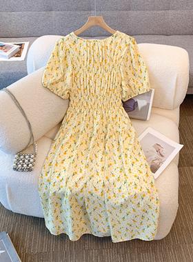 大码胖mm斤黄色郁金香显白高腰遮肉显瘦中长款连衣裙