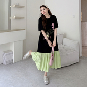 胖mm宽松显瘦遮肉拼接压褶裙摆印花短袖 夏季 女装 大码 连衣裙 新款