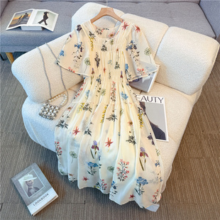 温柔显白气质琉璃纱大码胖mm200斤松紧高腰显瘦度假碎花中长裙