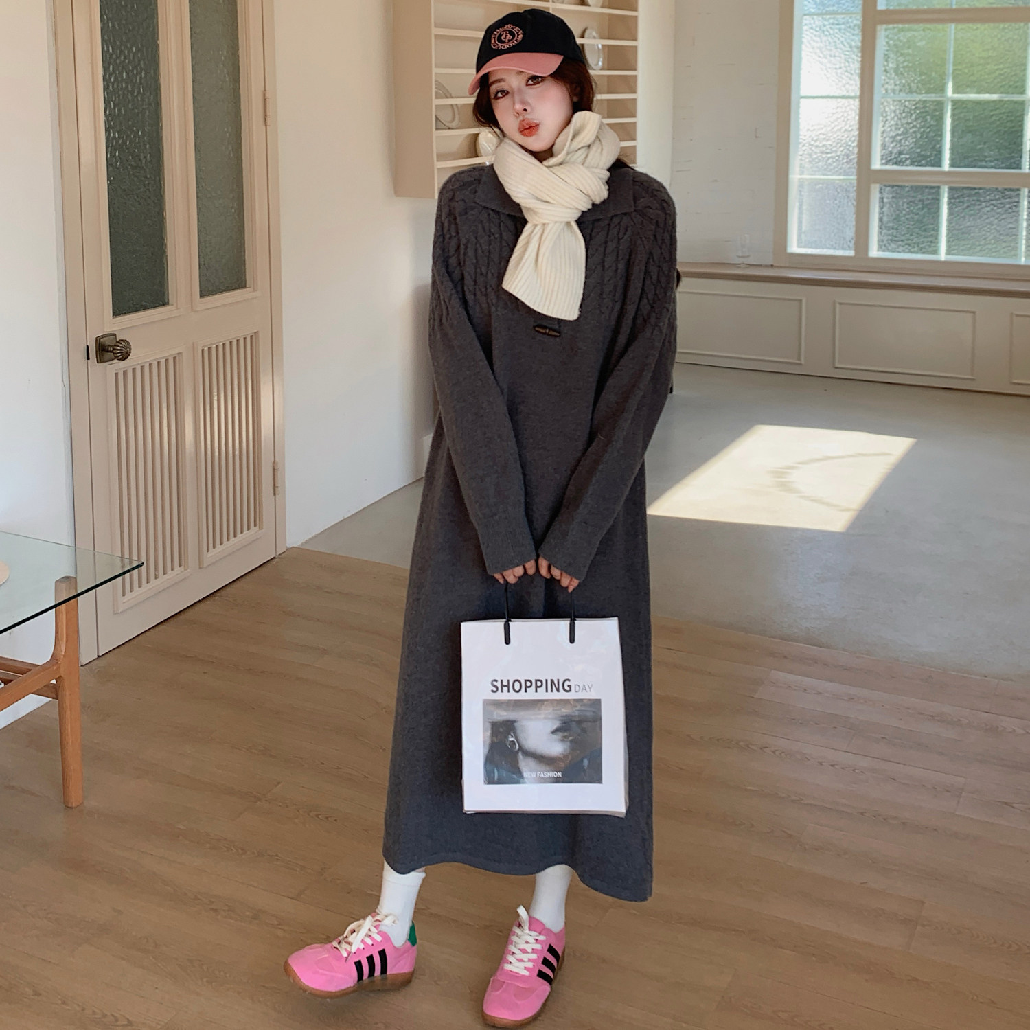 秋冬新款大码女装胖mm宽松显瘦麻花毛衣连衣裙加厚针织中长裙