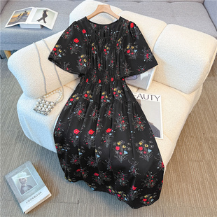 夏季法式大花大码女装胖mm宽松显瘦遮肉200斤轻薄海边度假连衣裙