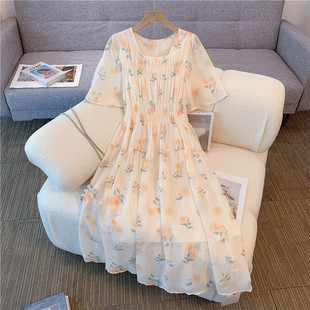短袖 夏季 胖mm宽松显瘦遮肉轻薄显白高腰中长款 女装 连衣裙 雪纺大码