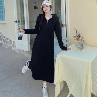 秋冬季新款大码女装胖mm拉尔夫连衣裙显瘦连帽长款卫衣小黑裙女