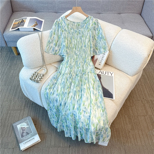 夏季新款韩系显白气质蓝色碎花裙大码胖mm200斤松紧腰显瘦中长裙