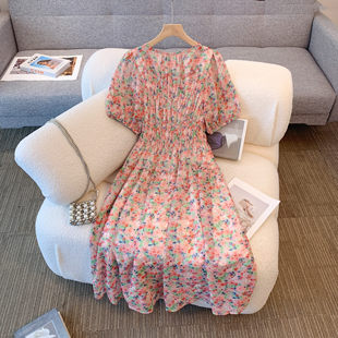 短袖 连衣裙胖mm宽松显瘦显白遮肉高腰中长款 碎花裙 雪纺大码 夏季