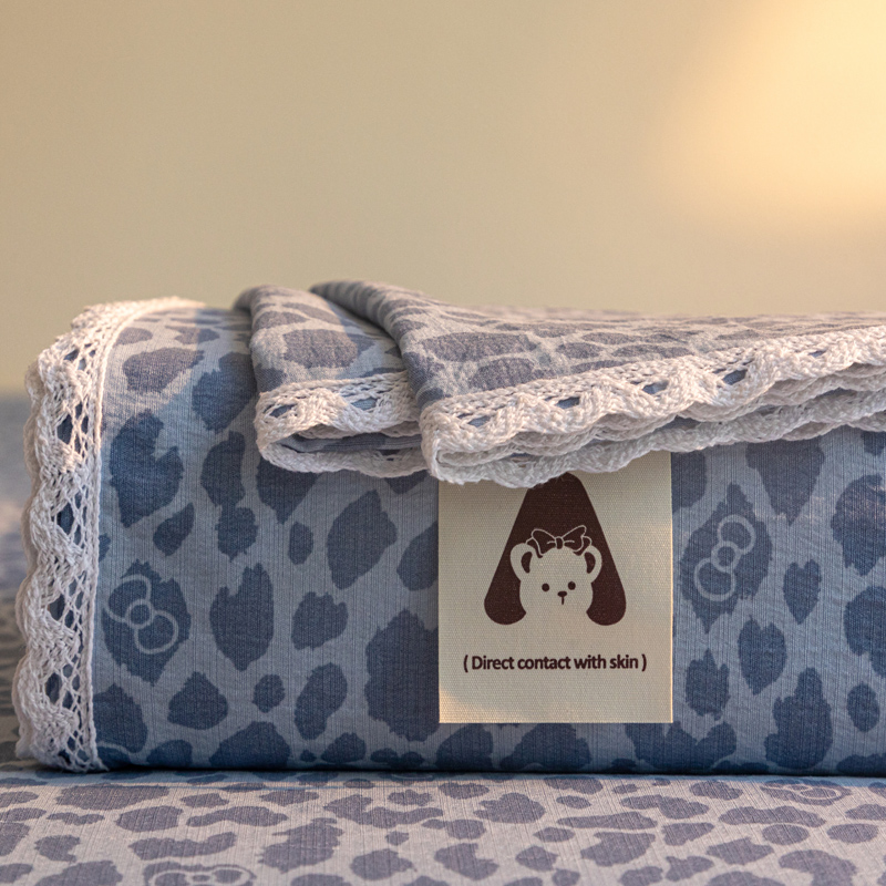 公主风豹纹蓝皱皱纱蕾丝花边床单枕套三件套单件被单人可机洗柔软