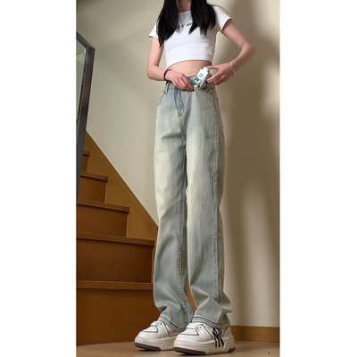 黄泥新款上市高腰染直筒牛仔裤女春洗做旧显瘦百搭长裤子控78Q