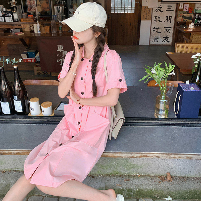粉色优质衬衫领精品纯色小个子连衣裙夏季女2024新款韩系工装风