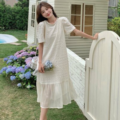 现货优质2023年春季精品主推新款夏季泡泡纱圆领钻石长款连衣裙