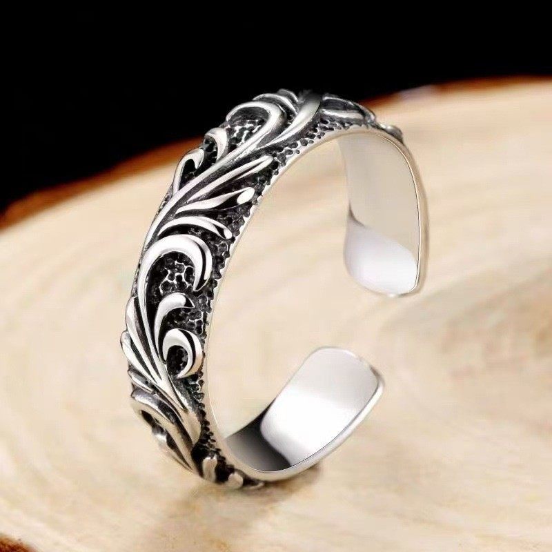 2026泰银做旧唐草纹指环个性复古镀银开口戒指男士单身霸气嘻哈指