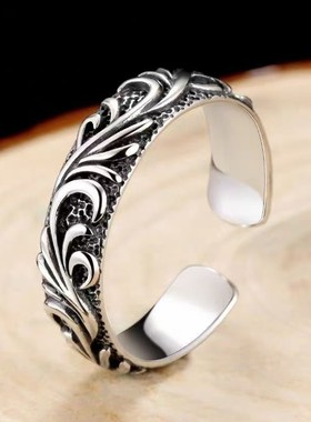 2026泰银做旧唐草纹指环个性复古镀银开口戒指男士单身霸气嘻哈指