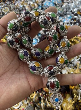 2026复古藏式民族风镶嵌七彩手链多宝手串男女苗银首饰