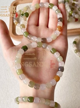 2026天然多宝和田玉老型珠手串单圈手链玉石绕指柔手链桶珠珠串手