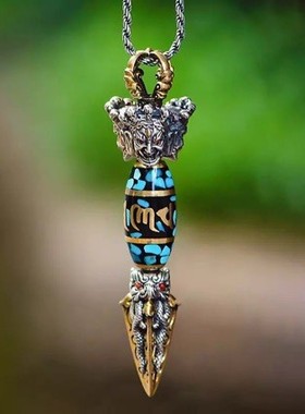 2026降妖除魔金刚杵法器吊坠六字真言手工男士霸气项链天珠可转动