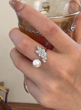 2026法式精致锆石树叶珍珠戒指女轻奢高级食指戒小众设计百搭开口