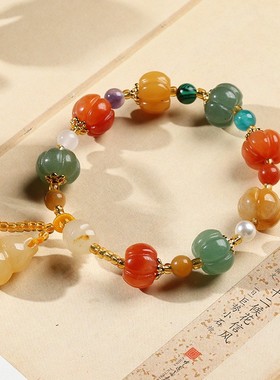 2026翡亦 天然金丝玉南瓜珠手串女士闺蜜小礼物葫芦吊坠铃铛玉石
