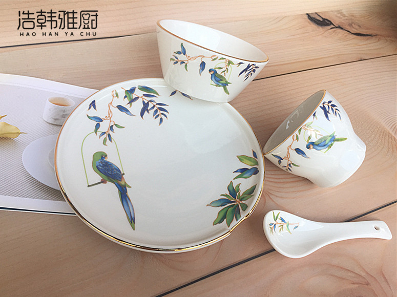 陶瓷酒店摆台餐具四件套中式餐厅会所骨碟杯碗勺鹦鹉(6套起发）
