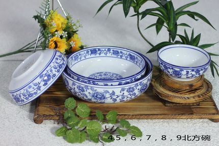 厂家直销釉下彩绘酒店青花瓷4.5寸~8寸北方碗醉牡丹