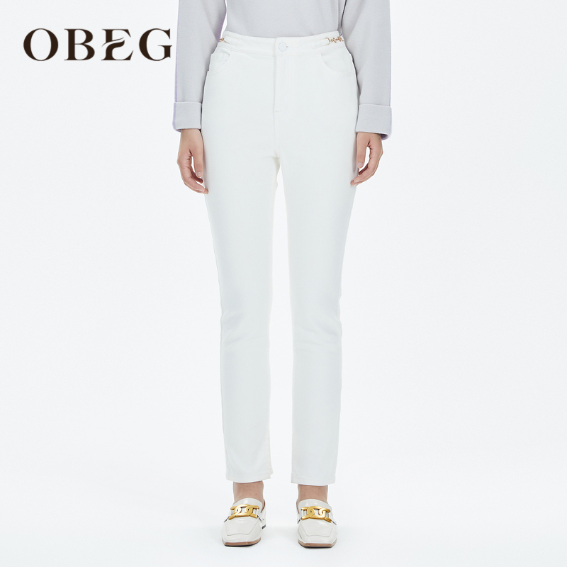 obeg欧碧倩修身加绒小黑裤牛仔裤