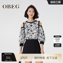 OBEG欧碧倩时尚镂空露肩上衣印花撞色中长袖衬衫10442109