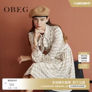 OBEG欧碧倩优雅复古飘带连衣裙23印花收腰中长裙10424027