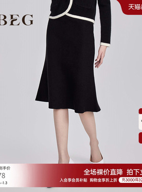 OBEG欧碧倩冬黑色羊毛优雅针织裙及膝修身鱼尾半身裙10444165