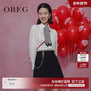 OBEG欧碧倩别致印花领带白衬衫春秋镂空蕾丝上衣10443044