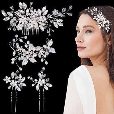 4 Pieces Wedding Bride Hair Comb Silver Bridal Hair Vine Lea