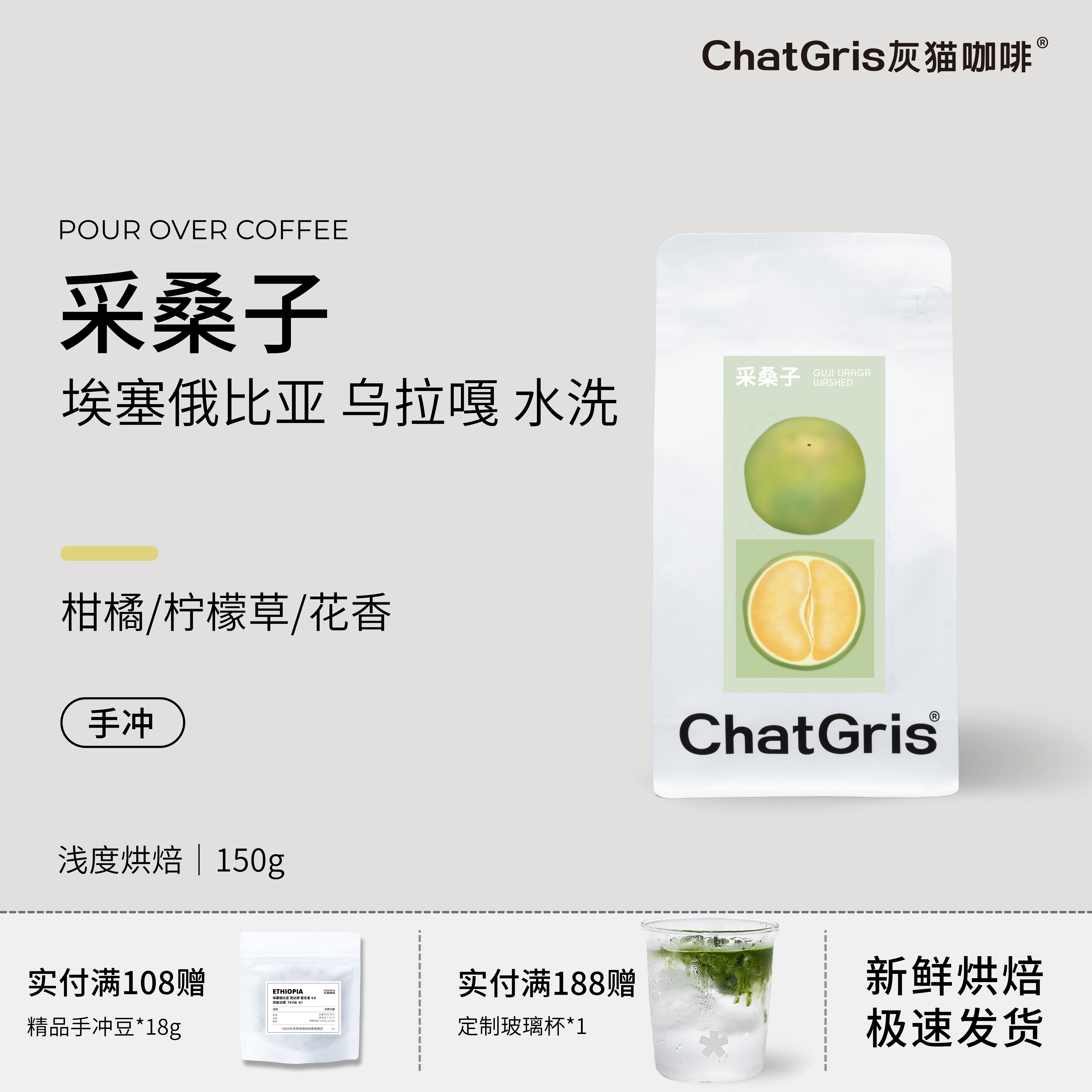 手冲灰猫埃塞水洗咖啡豆