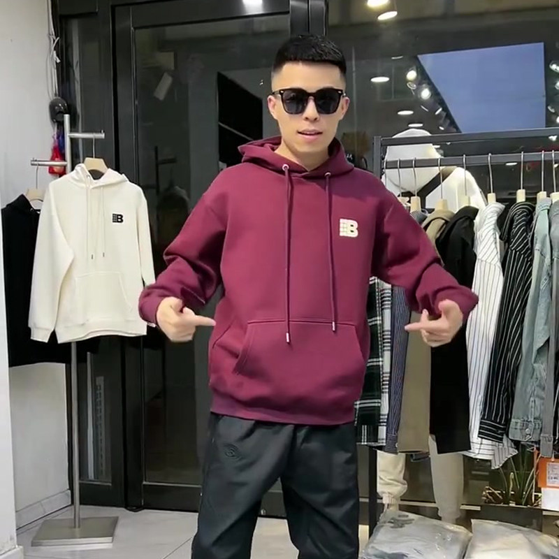 酒红色慵懒风oversize情侣卫衣美式复古字母B连帽宽松套头长袖男