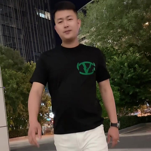 夏季高级小众几何图案印花短袖t恤男士修身圆领纯棉半袖体恤衫潮