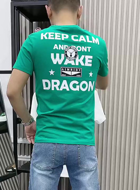 精神小伙数字印花短袖网红休闲绿色圆领上衣潮流痞帅t恤男士个性