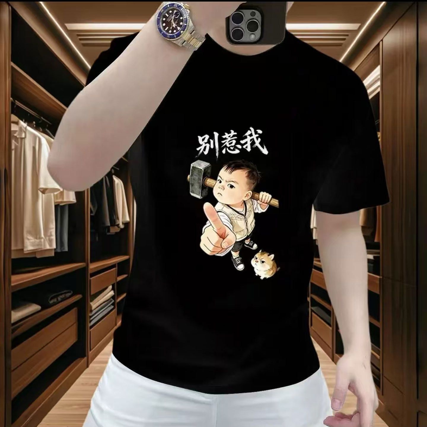 夏季新款国潮卡通人物印花短袖T恤男黑色圆领休闲半截袖潮流上衣