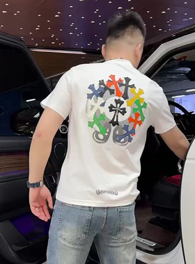 欧洲站潮牌新款后背彩色十字架印花短袖男夏季气质修身半袖t恤衫